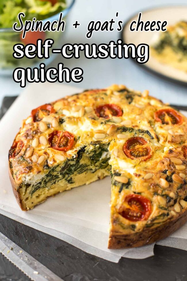A self-crusting quiche on a board with a slice removed.