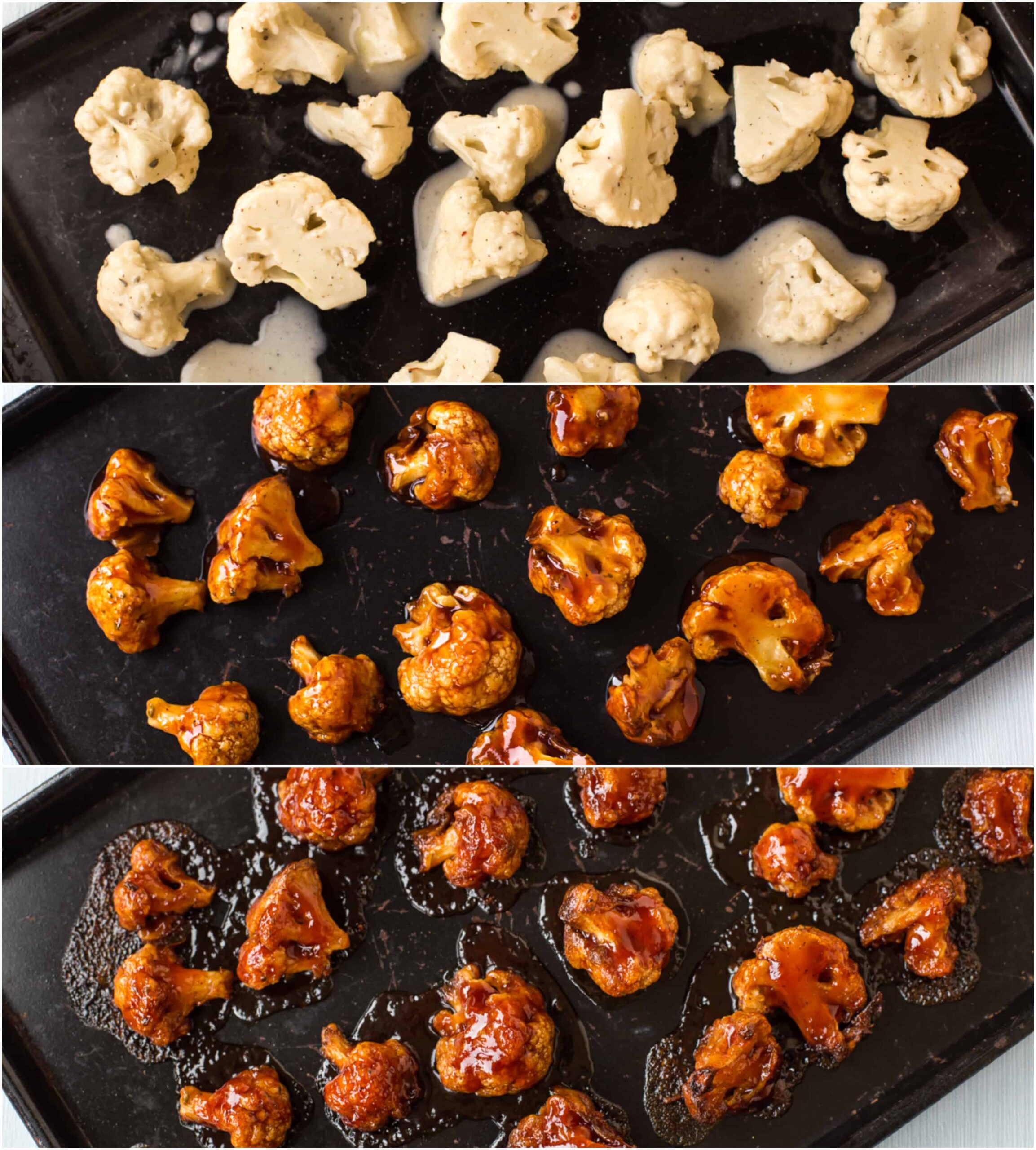 Collage showing cauliflower wings at different stages of cooking.