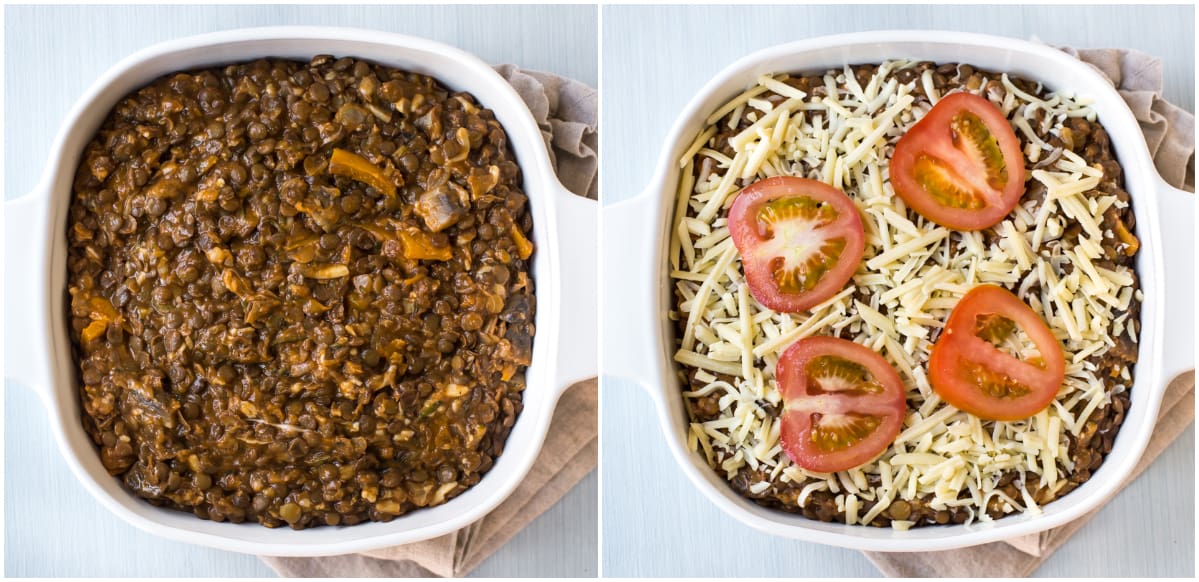Lentil casserole before and after being topped with grated cheese and sliced tomatoes.