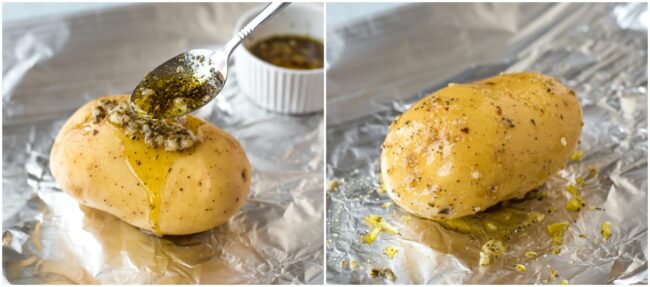 Garlic and herb butter being spooned onto a potato.