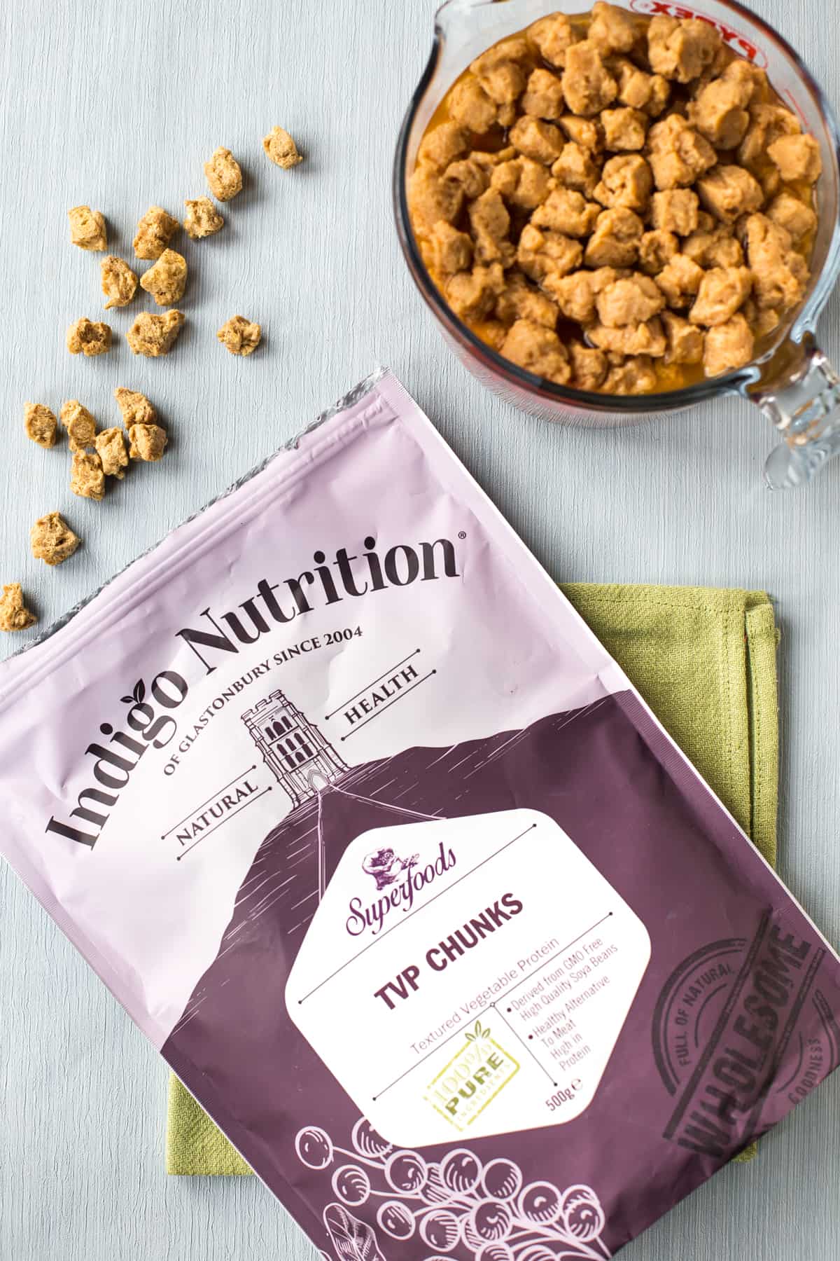 A packet of TVP chunks spilling out onto a table.