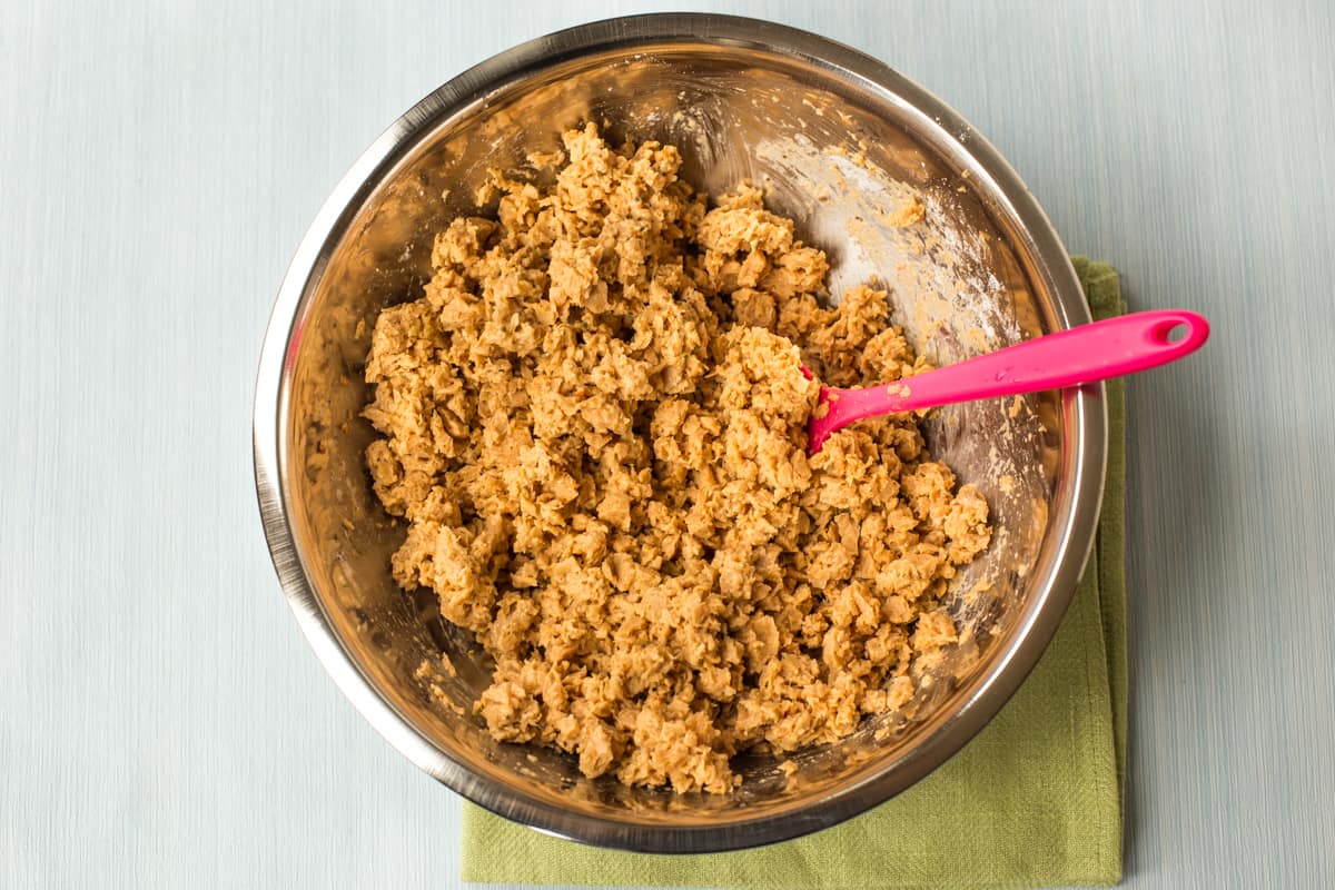 Minced TVP chunks in a mixing bowl.