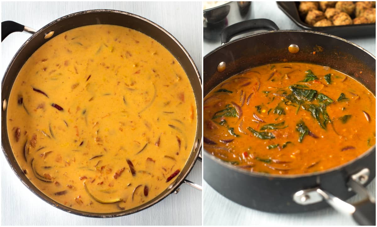 Collage showing coconut curry sauce cooking and changing colour over time.