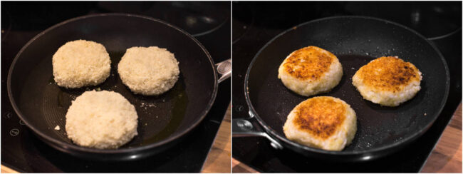 Collage showing leftover risotto cakes cooking in a frying pan until crispy.