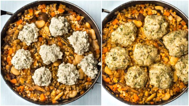 Collage showing suet dumplings on top of a vegan cassoulet, before and after cooking.