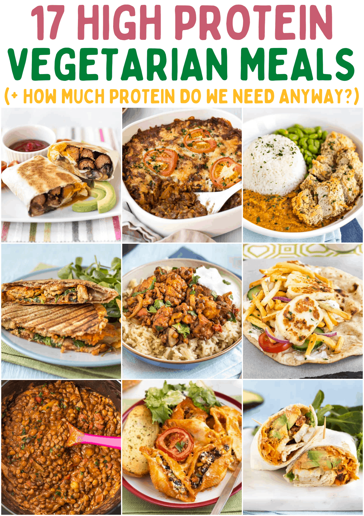 A collage showing various high protein vegetarian meals.