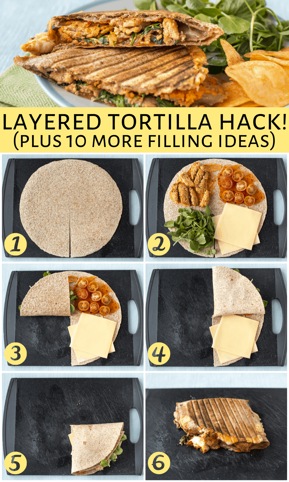 A collage showing how to make the layered tortillas that have gone viral on TikTok.