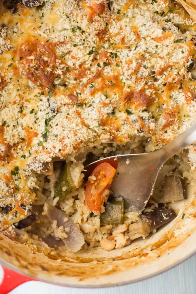 Rice and vegetable casserole with a crispy topping.