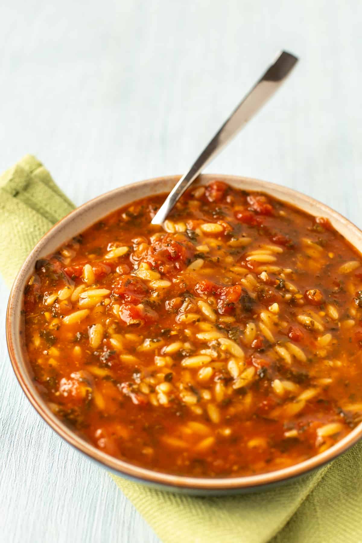 A bowl of tomato soup with orzo.