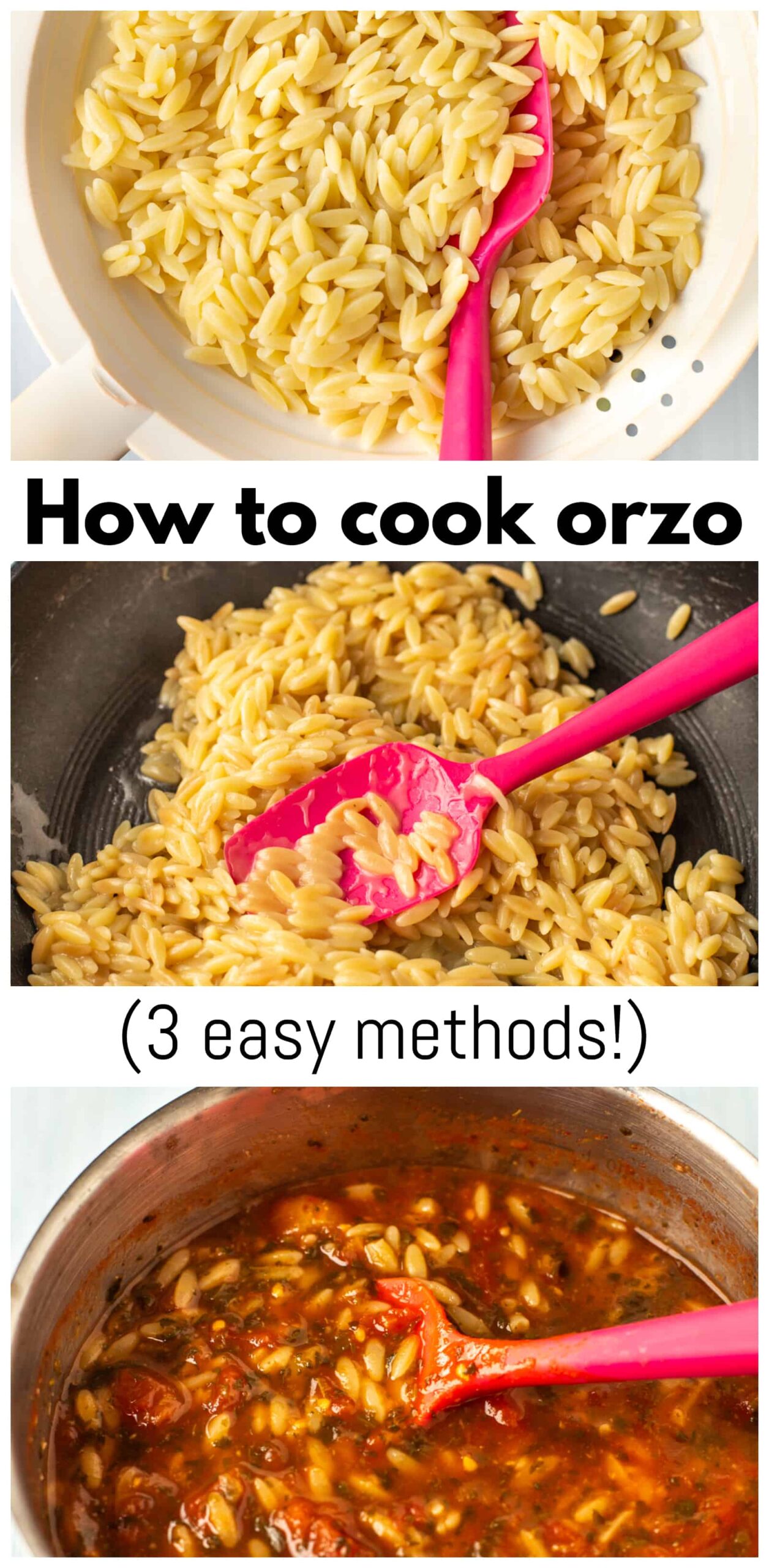 Collage showing 3 different ways to cook orzo.