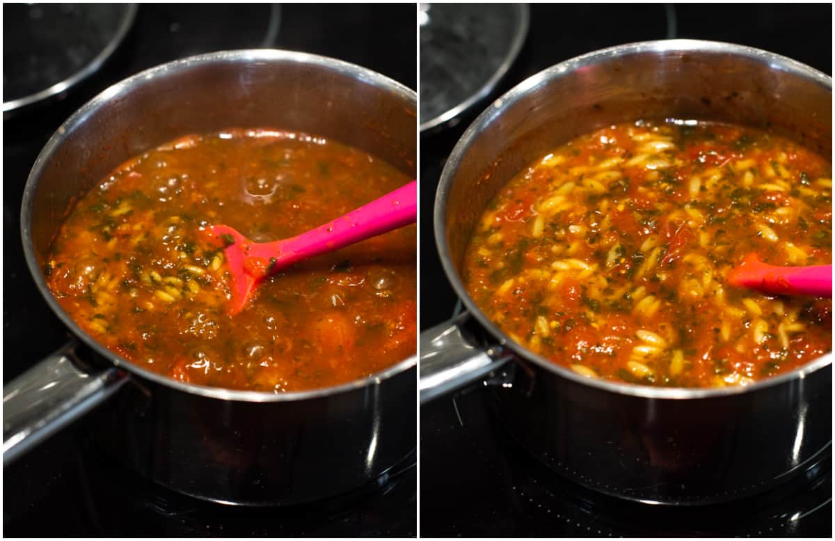Collage showing orzo cooking in tomato soup.