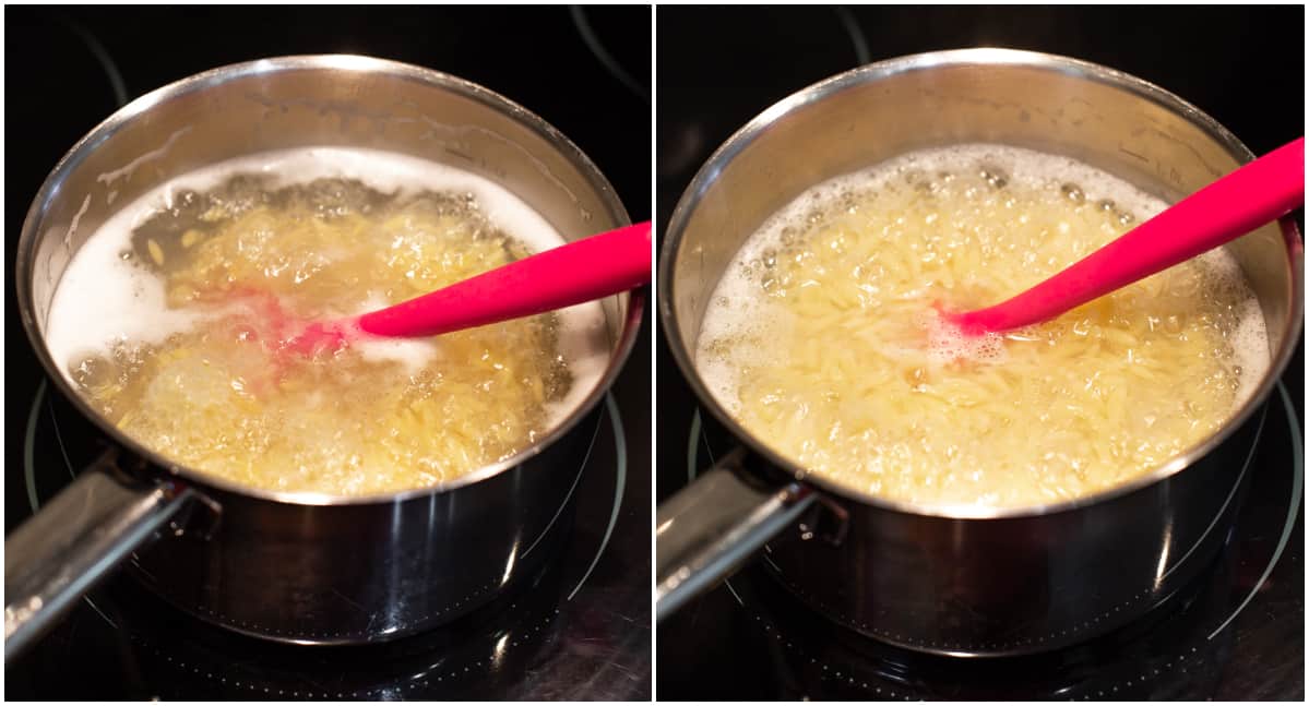 A collage showing orzo cooking in a pan of boiling water.