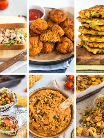 A collage showing several vegetarian lunchbox ideas.