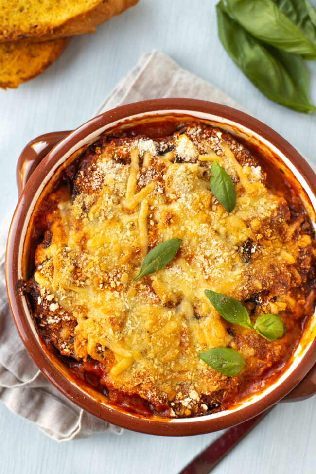 A vegetarian bake topped with crispy cheese and breadcrumbs.