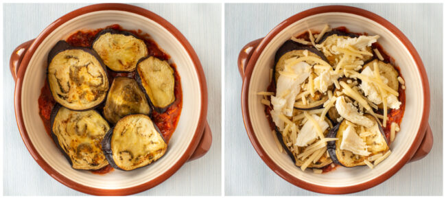 A collage showing eggplant, cheese and tomato sauce being layered in a baking dish.