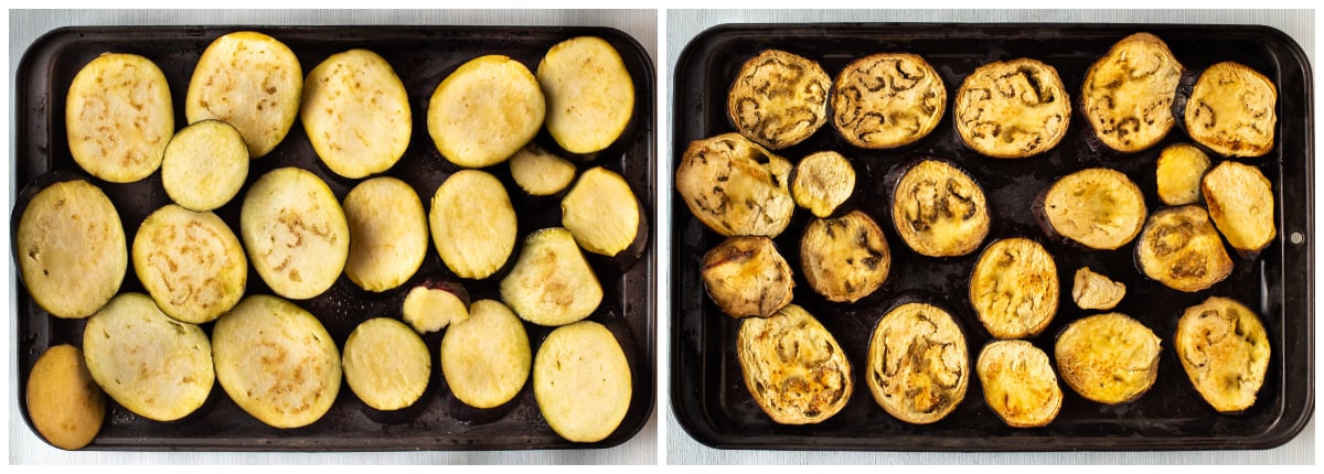 A collage showing slices of eggplant before and after roasting.