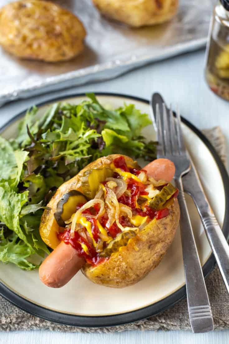 Hot Dog Baked Potatoes Easy Cheesy Vegetarian