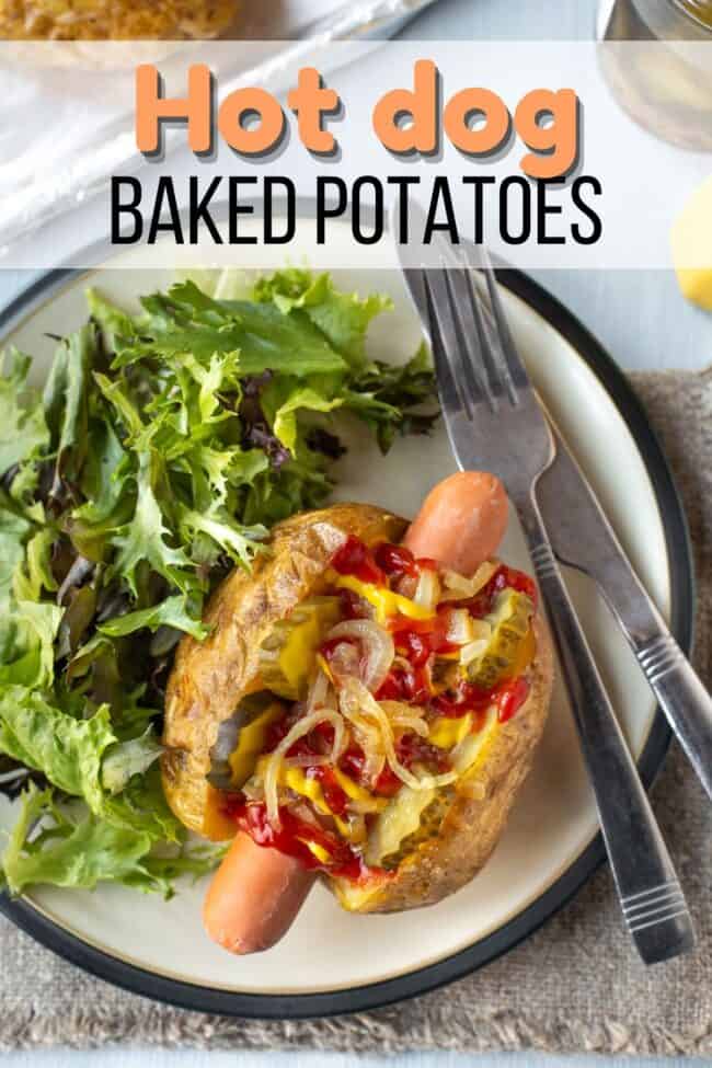 A baked potato stuffed with a hot dog sausage and topped with mustard and ketchup.
