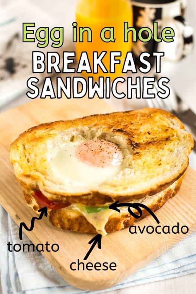 A vegetarian egg in a hole breakfast sandwich with labels showing what's inside.