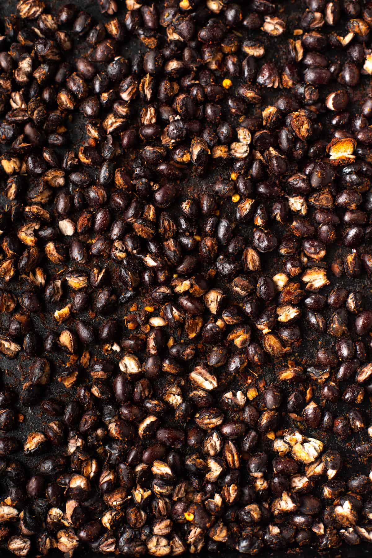 Close-up photo of crispy roasted black beans with some split skins.