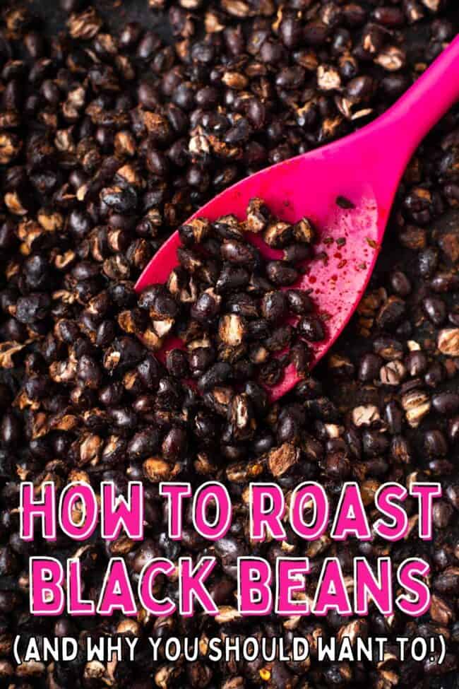 A close up of crispy roasted black beans with a pink spatula and a text overlay.