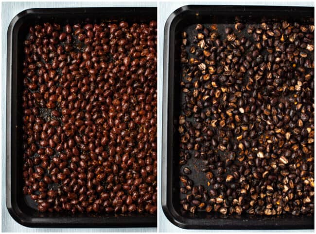 Collage showing black beans before and after roasting.
