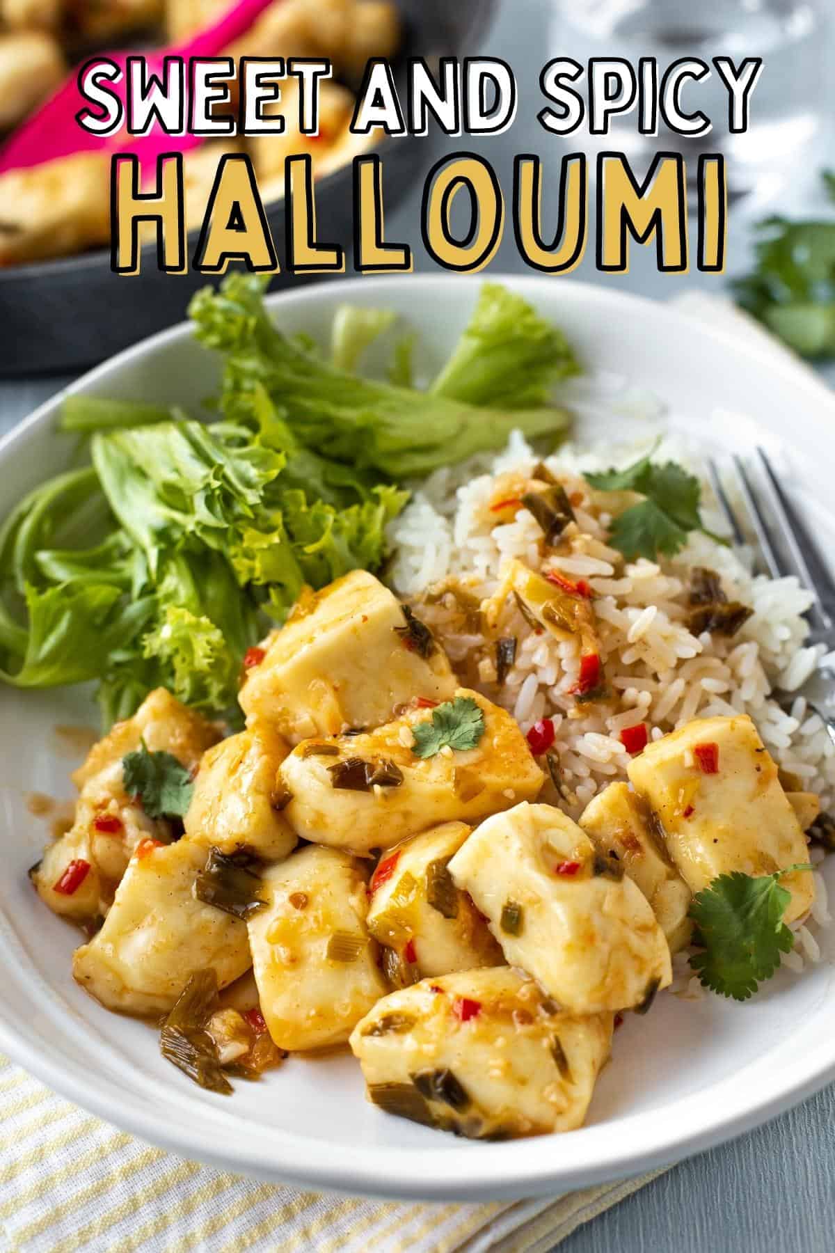 Chunks of halloumi cheese in a sweet and spicy sauce, served with rice and salad.