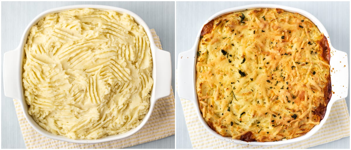 Collage showing shepherd's pie before and after being baked.