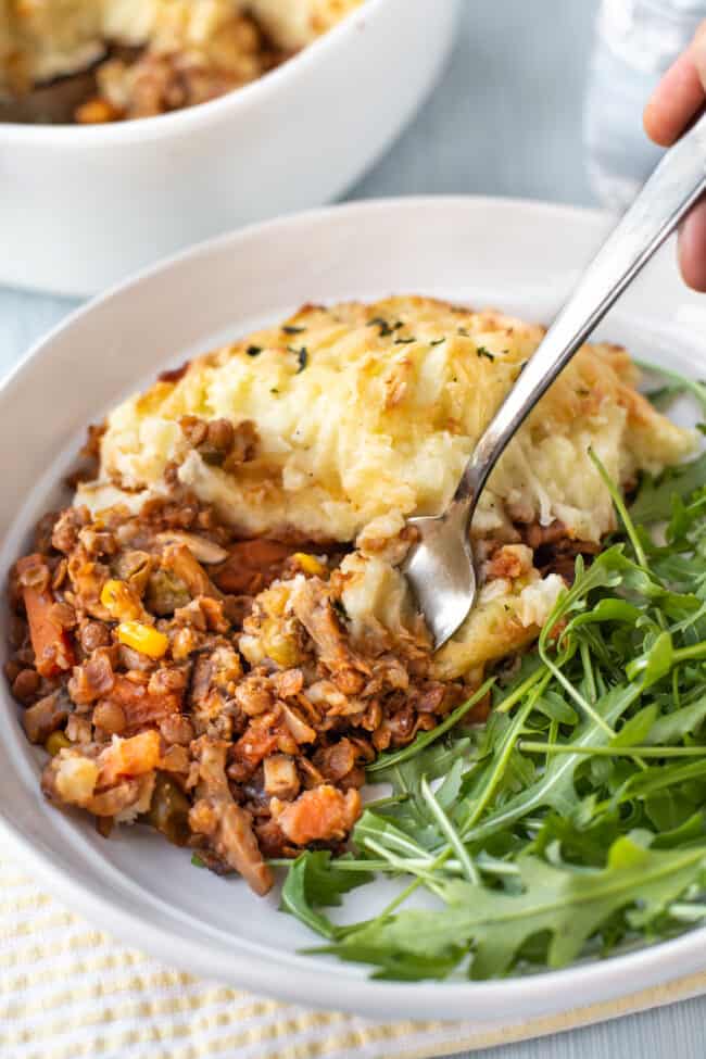 A fork scooping some vegetarian cottage pie from a plate.
