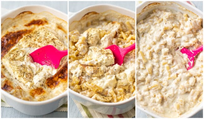 A collage showing a block of gooey baked feta being stirred into pasta.