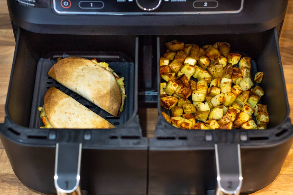 Crispy quesadillas and roasted diced potatoes in an air fryer.