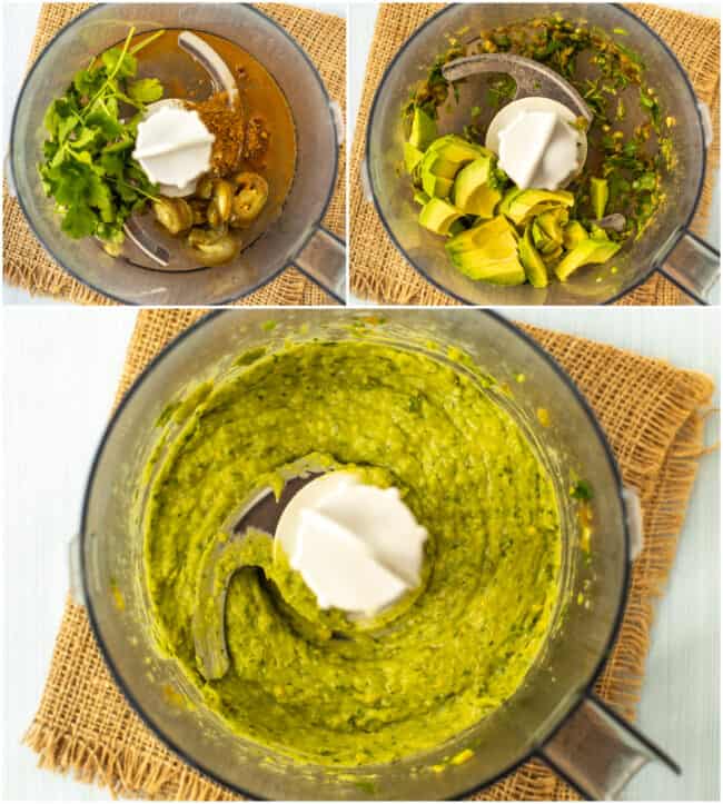 Collage showing how to make a creamy avocado salad dressing.
