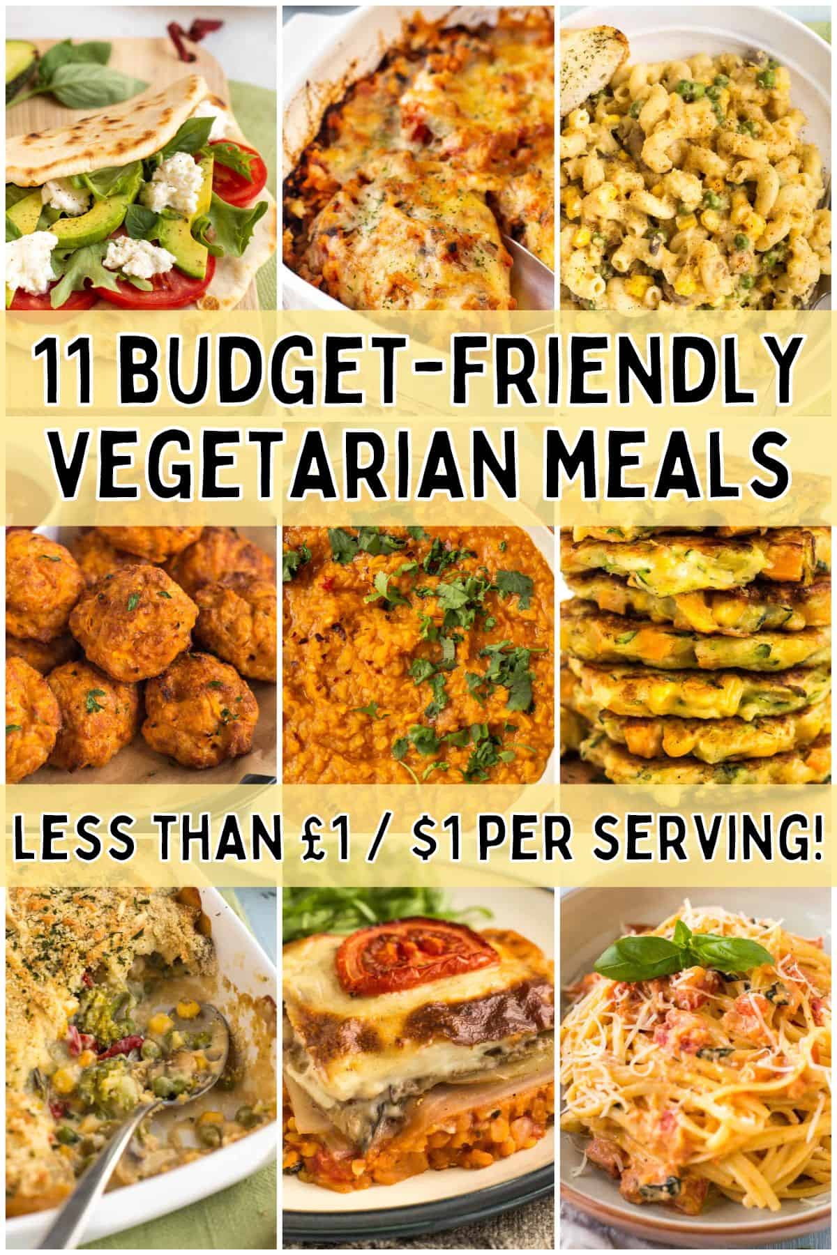 Collage showing cheap vegetarian meals, with a text overlay.