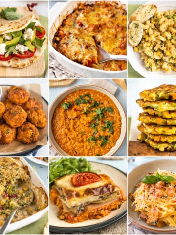 Collage showing cheap vegetarian meals.