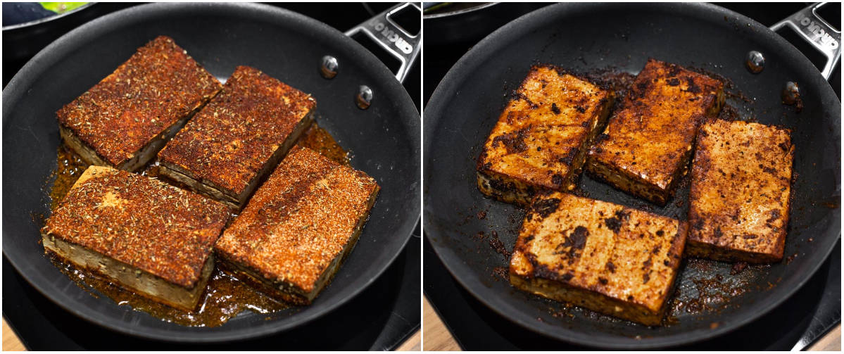 Collage showing blackened tofu steaks cooking in a frying pan.