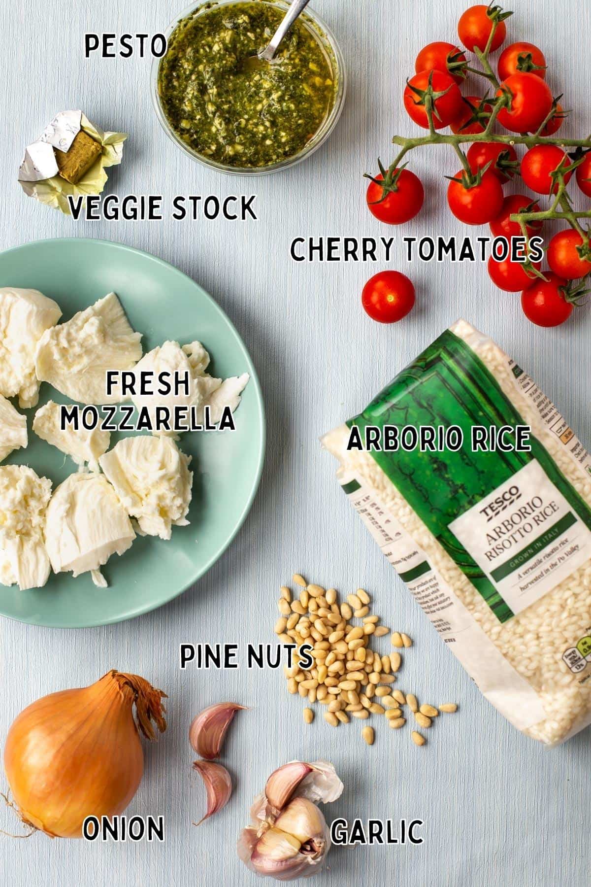 Ingredients for caprese risotto with text overlay.