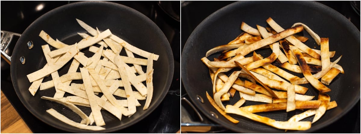 Collage showing crispy tortilla strips before and after frying.