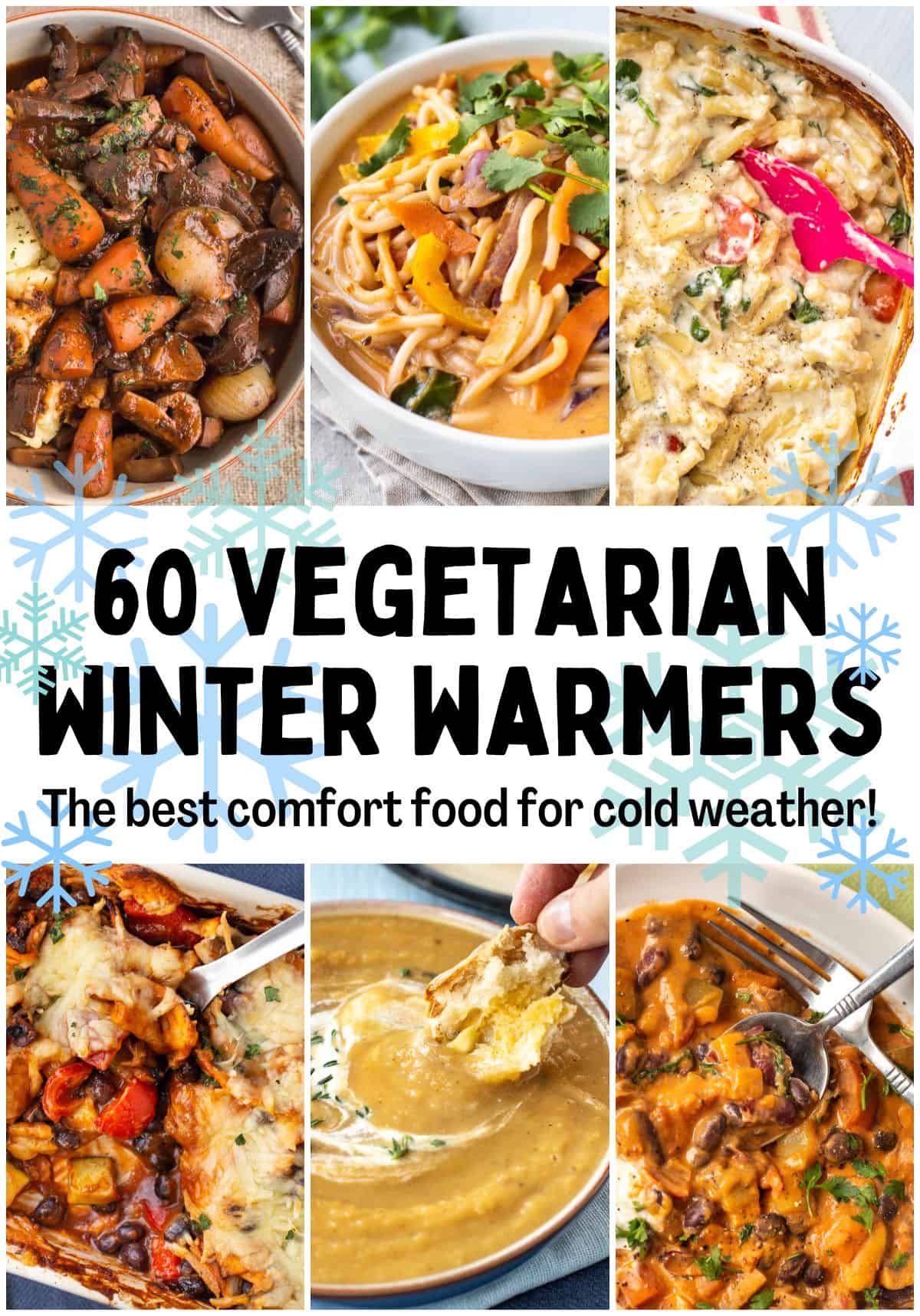 Collage showing vegetarian winter warmer recipes with text overlay.