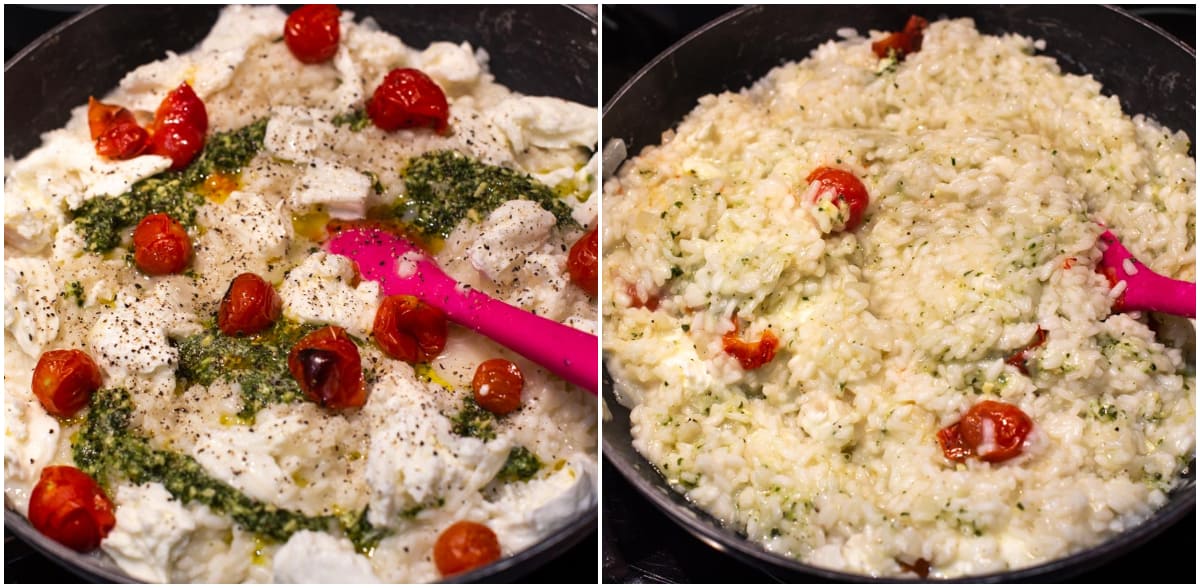 Collage showing tomatoes, mozzarella and pesto being added to risotto.