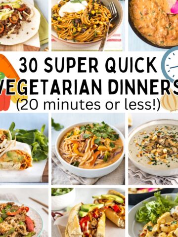 A collage showing super quick vegetarian dinners with text overlay.