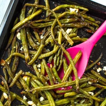 Roasted frozen green beans with feta and lemon.