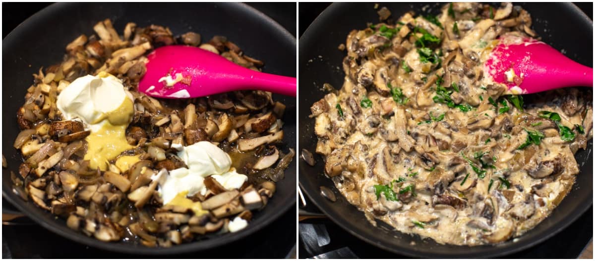 A collage showing sautéed mushrooms before and after stirring in creme fraiche.