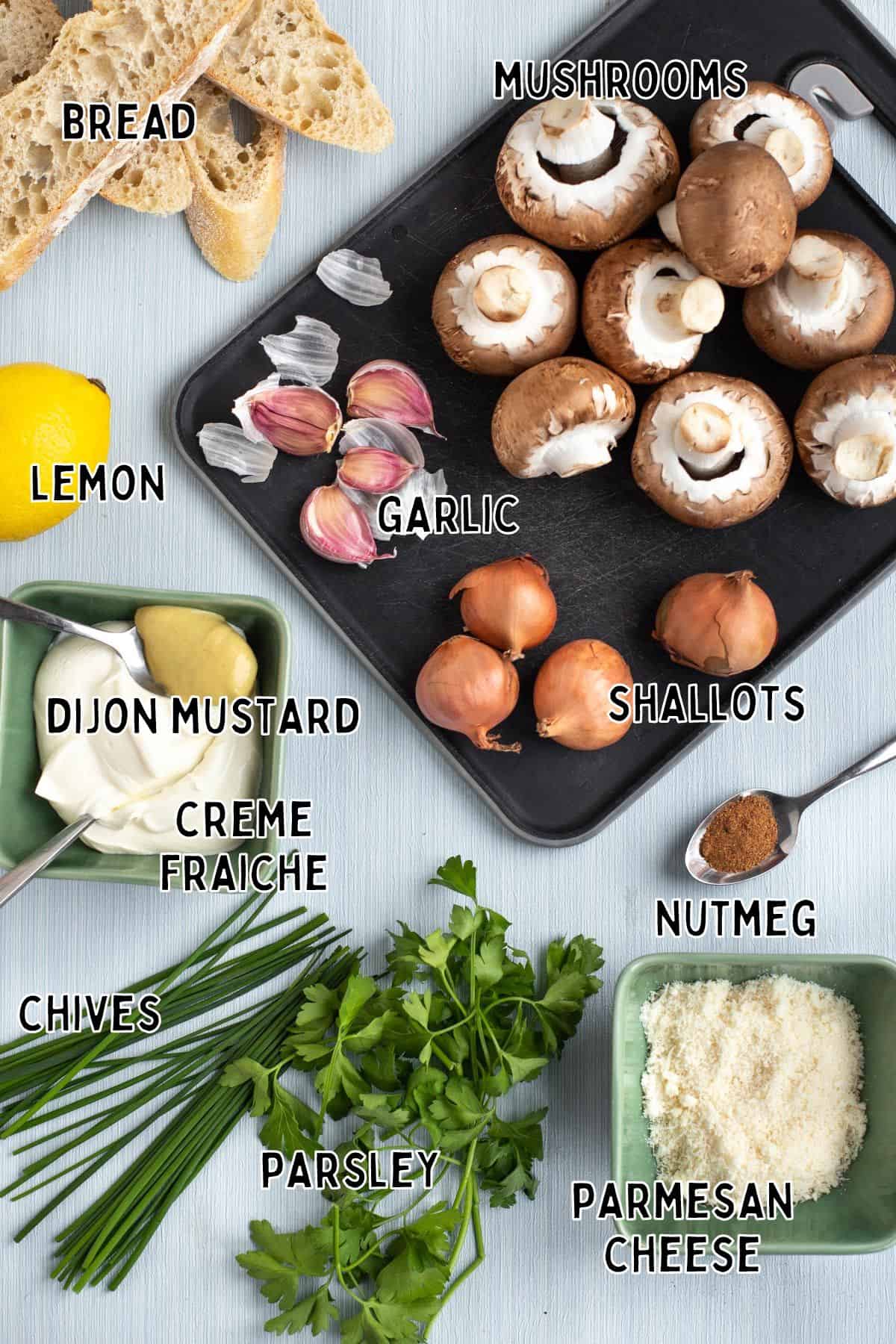 Flatlay of ingredients for creamy mushrooms on toast, with text overlay.