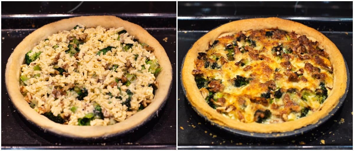 Collage showing broccoli tart before and after baking.