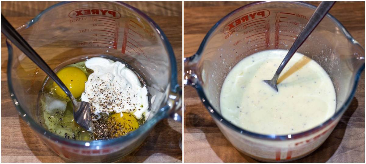 Collage showing eggs and sour cream before and after mixing.