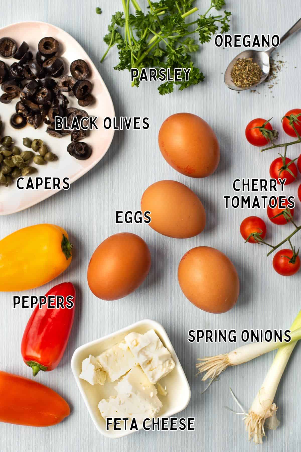 Ingredients for Mediterranean scrambled eggs with text overlay.