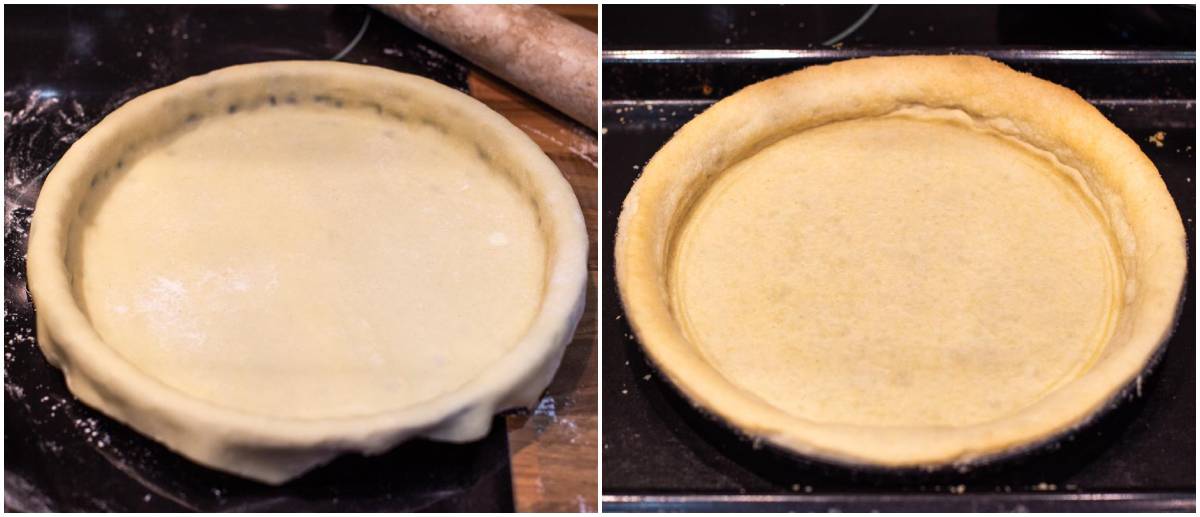 Collage showing shortcrust pie crust before and after baking.
