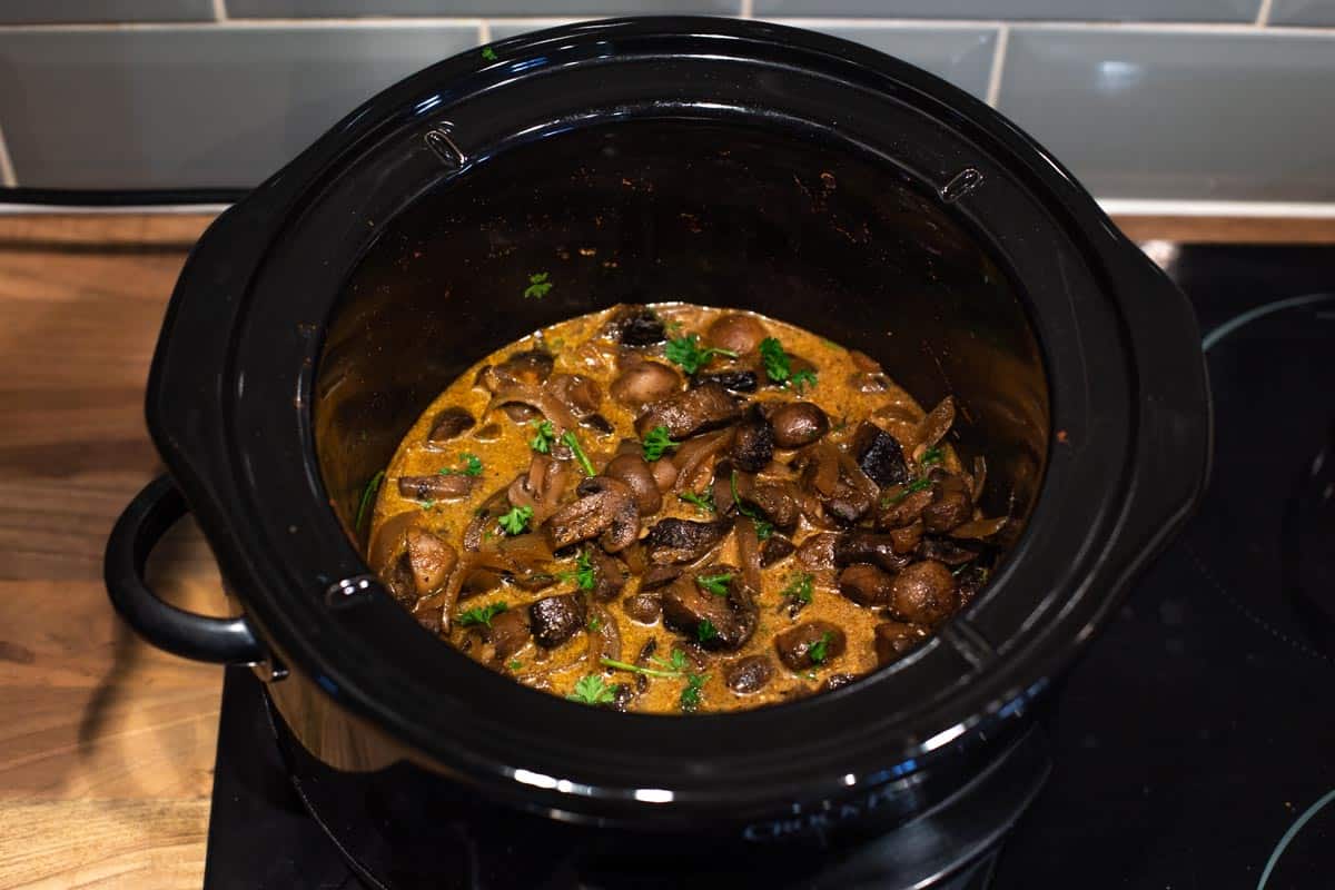 Mushroom stroganoff in a slow cooker.