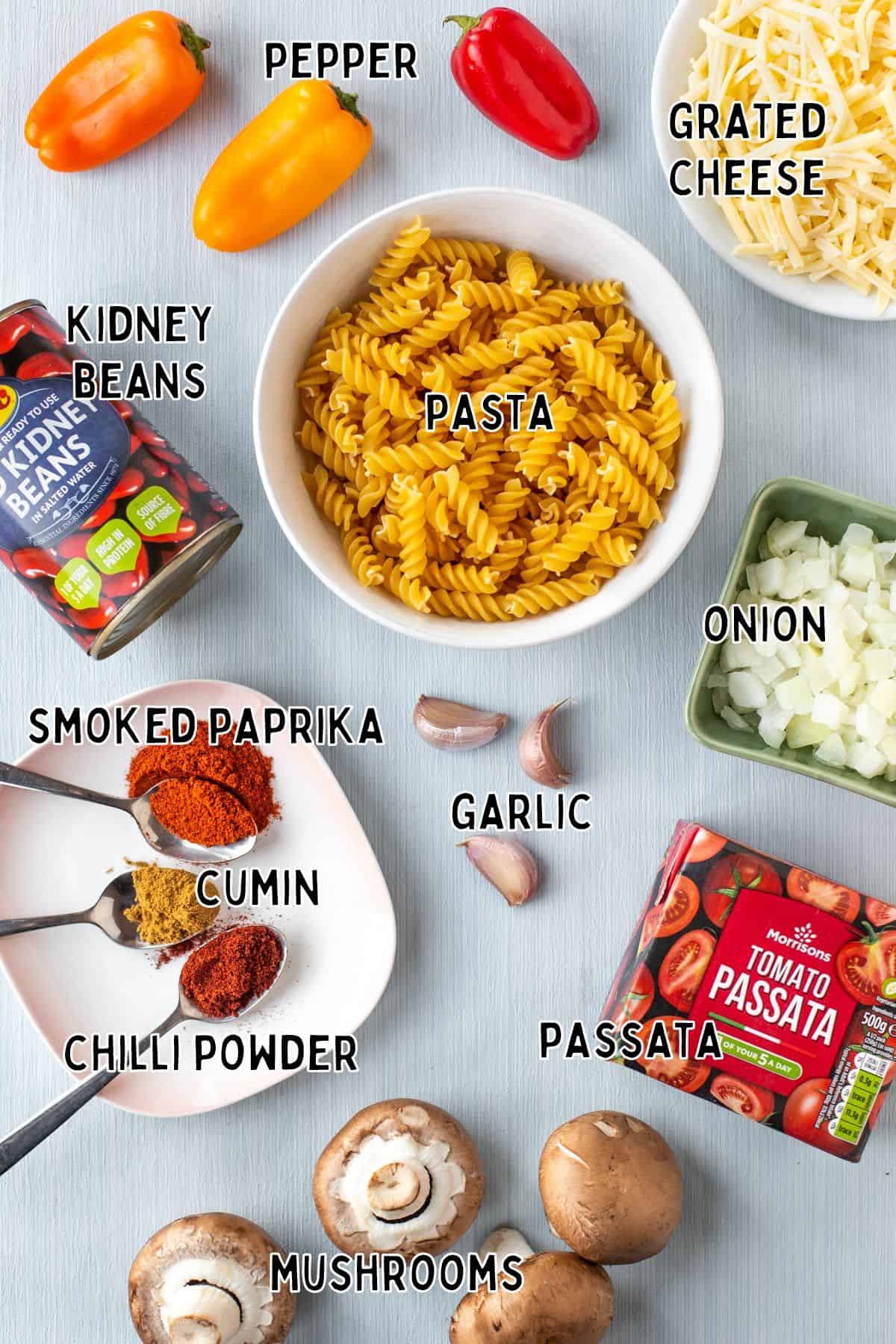 Ingredients for vegetarian chilli mac with text overlay.