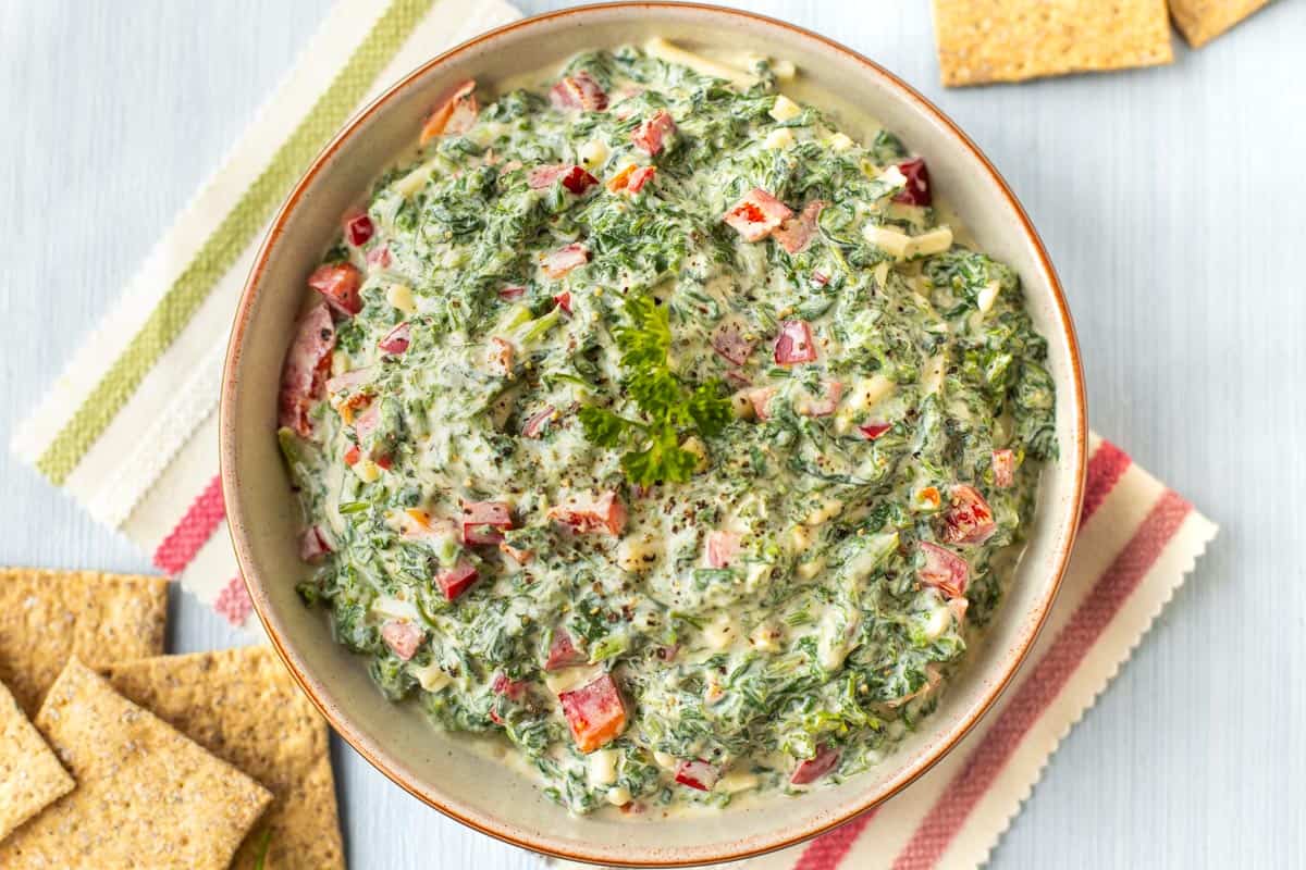 Creamy cold spinach dip in a bowl.
